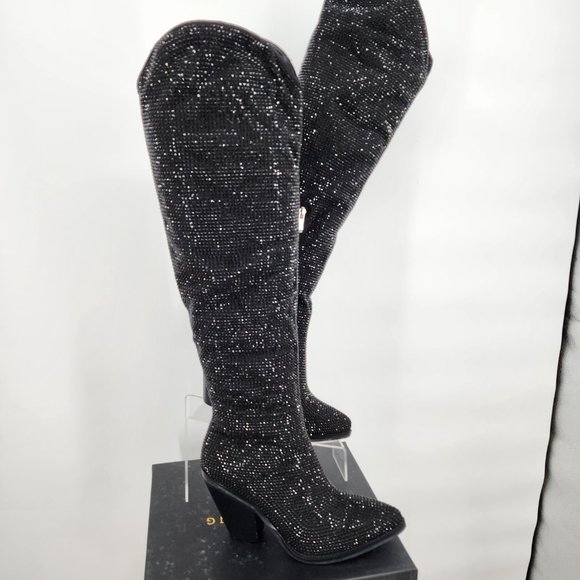 AZALEA WANG Nash Crystal Knee High Cowboy Boots Black NWT - Picture 3 of 13